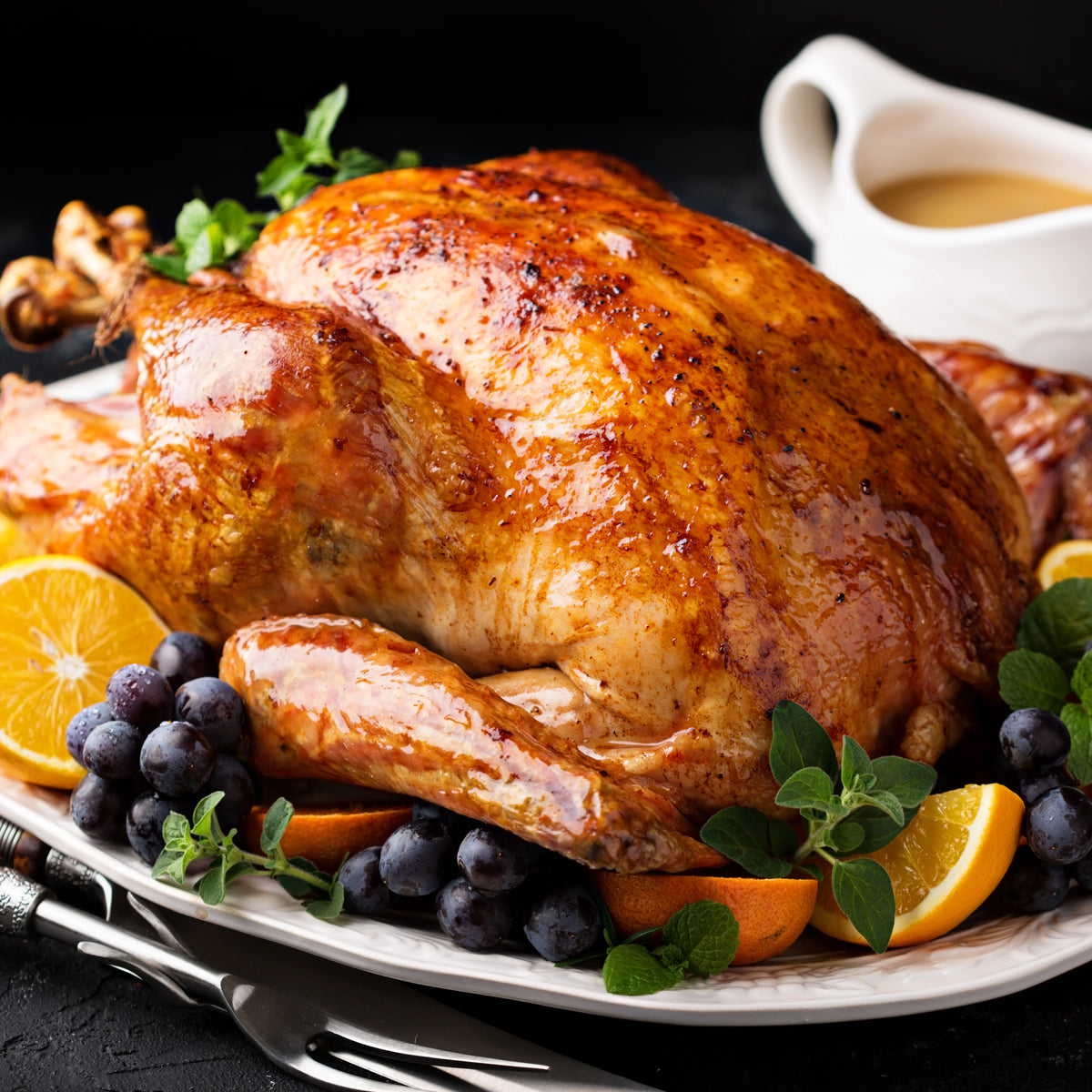 Roasted Whole Turkey, 4kg with Garnish (Prepare Hot Only) - Presented on a Ceramic Platter Plate - served up to 14 persons